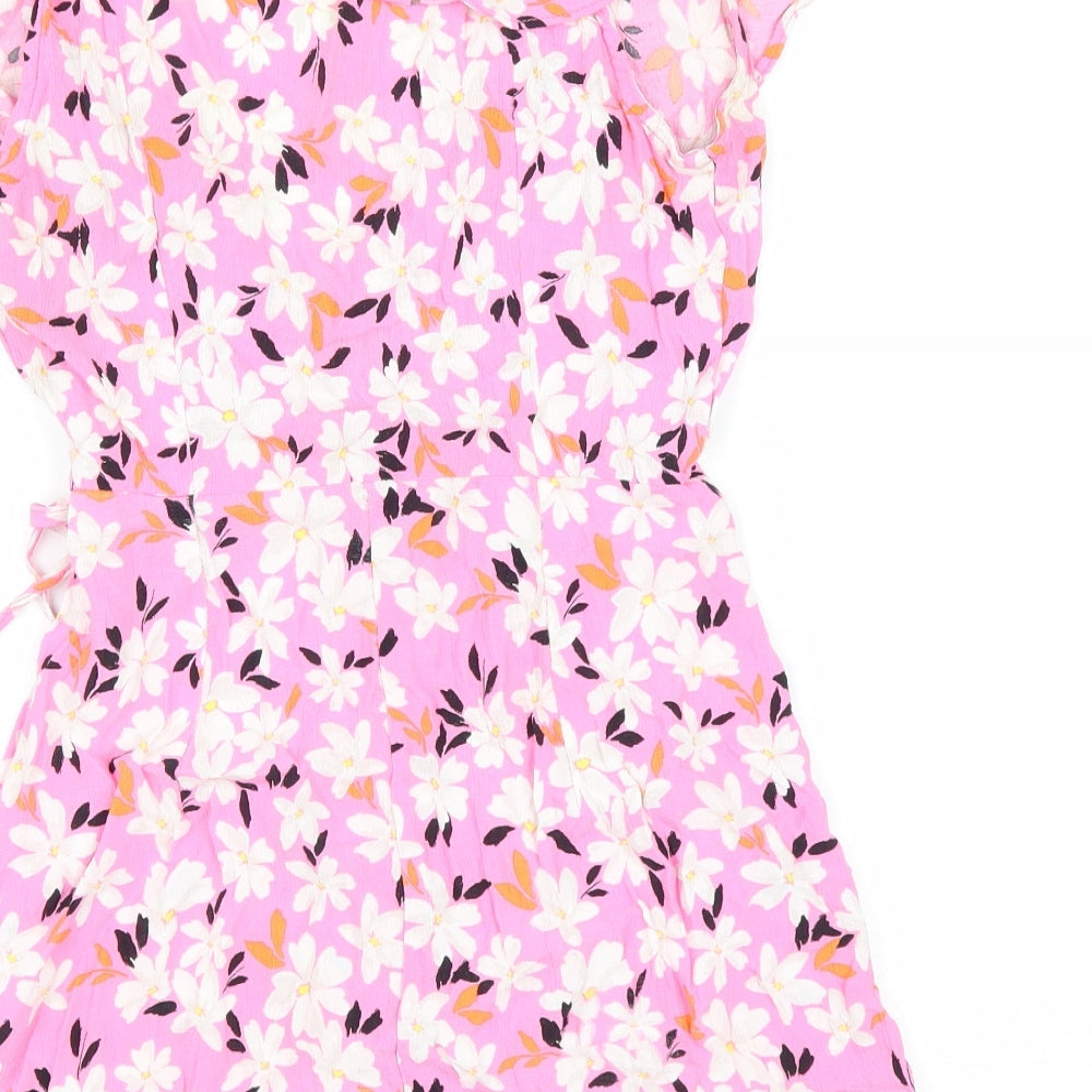 Bershka Womens Pink Floral Viscose Playsuit One-Piece Size M Zip - wrap front style