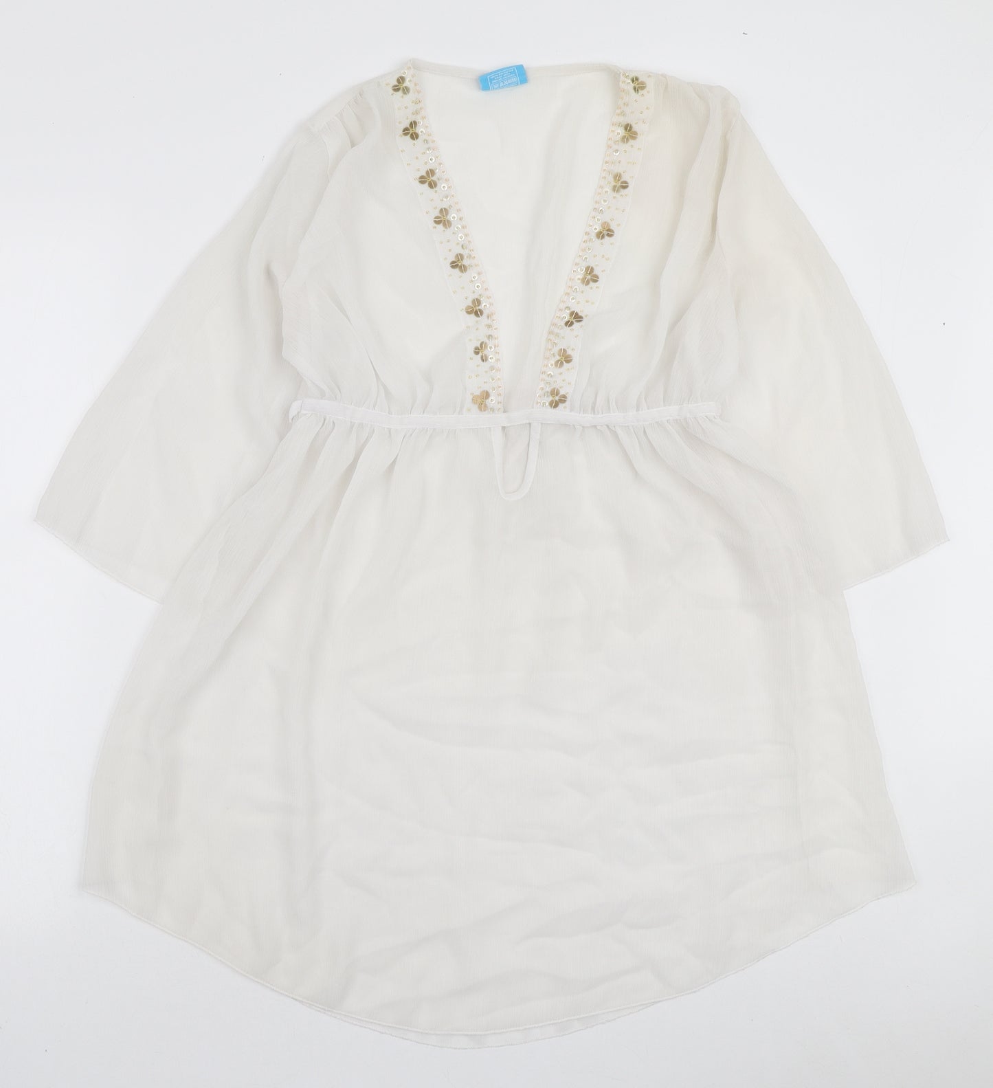 The Beach Womens Ivory Polyester Kaftan Size 10 V-Neck Tie - Beach Cover Up