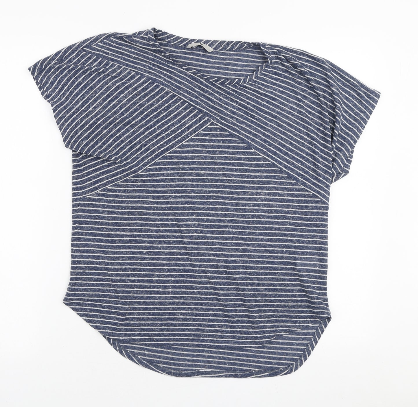 TU Womens Blue Striped Polyester Basic T-Shirt Size 14 Round Neck