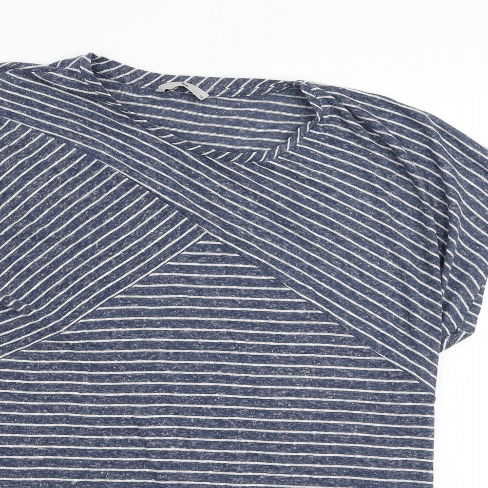 TU Womens Blue Striped Polyester Basic T-Shirt Size 14 Round Neck