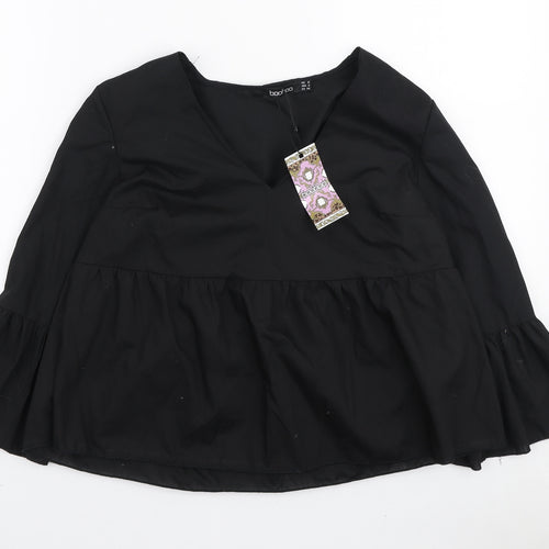 Boohoo Womens Black Polyester Basic Blouse Size 6 V-Neck