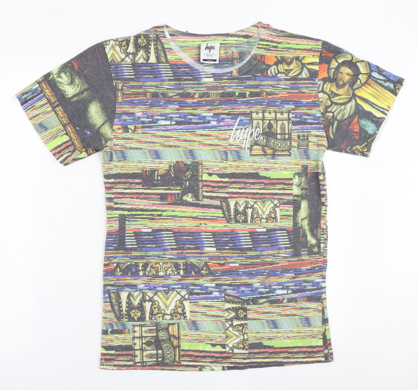 Hype Mens Multicoloured Geometric Polyester T-Shirt Size L Round Neck