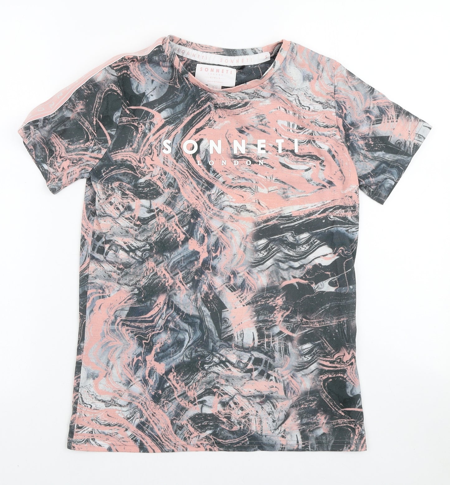 Sonneti Girls Black Geometric Polyester Basic T-Shirt Size 10-11 Years Round Neck Pullover - Marble Print