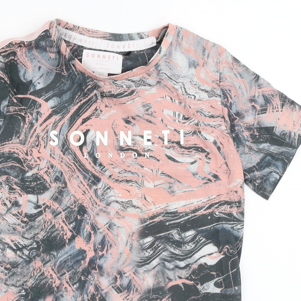 Sonneti Girls Black Geometric Polyester Basic T-Shirt Size 10-11 Years Round Neck Pullover - Marble Print