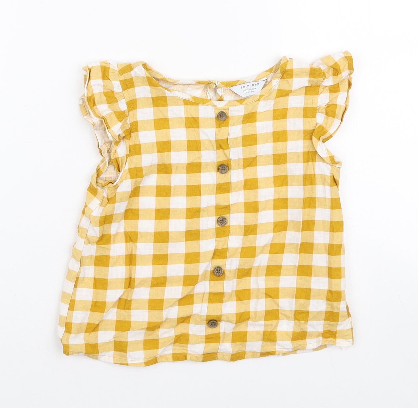 Primark Girls Yellow Gingham Cotton Basic Button-Up Size 5-6 Years Round Neck Button