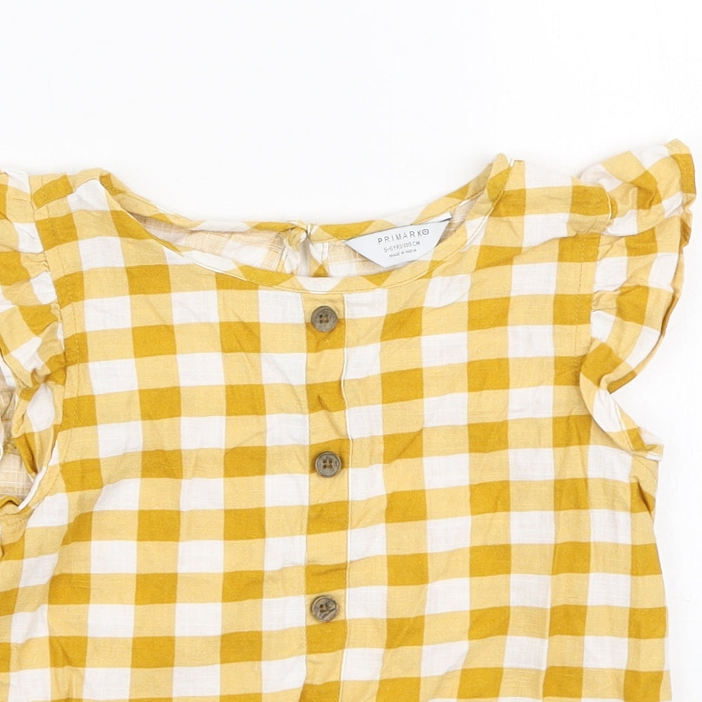 Primark Girls Yellow Gingham Cotton Basic Button-Up Size 5-6 Years Round Neck Button
