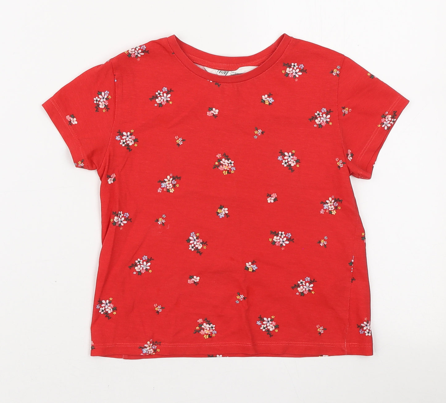 H&M Girls Red Floral Cotton Basic T-Shirt Size 2-3 Years Round Neck Pullover