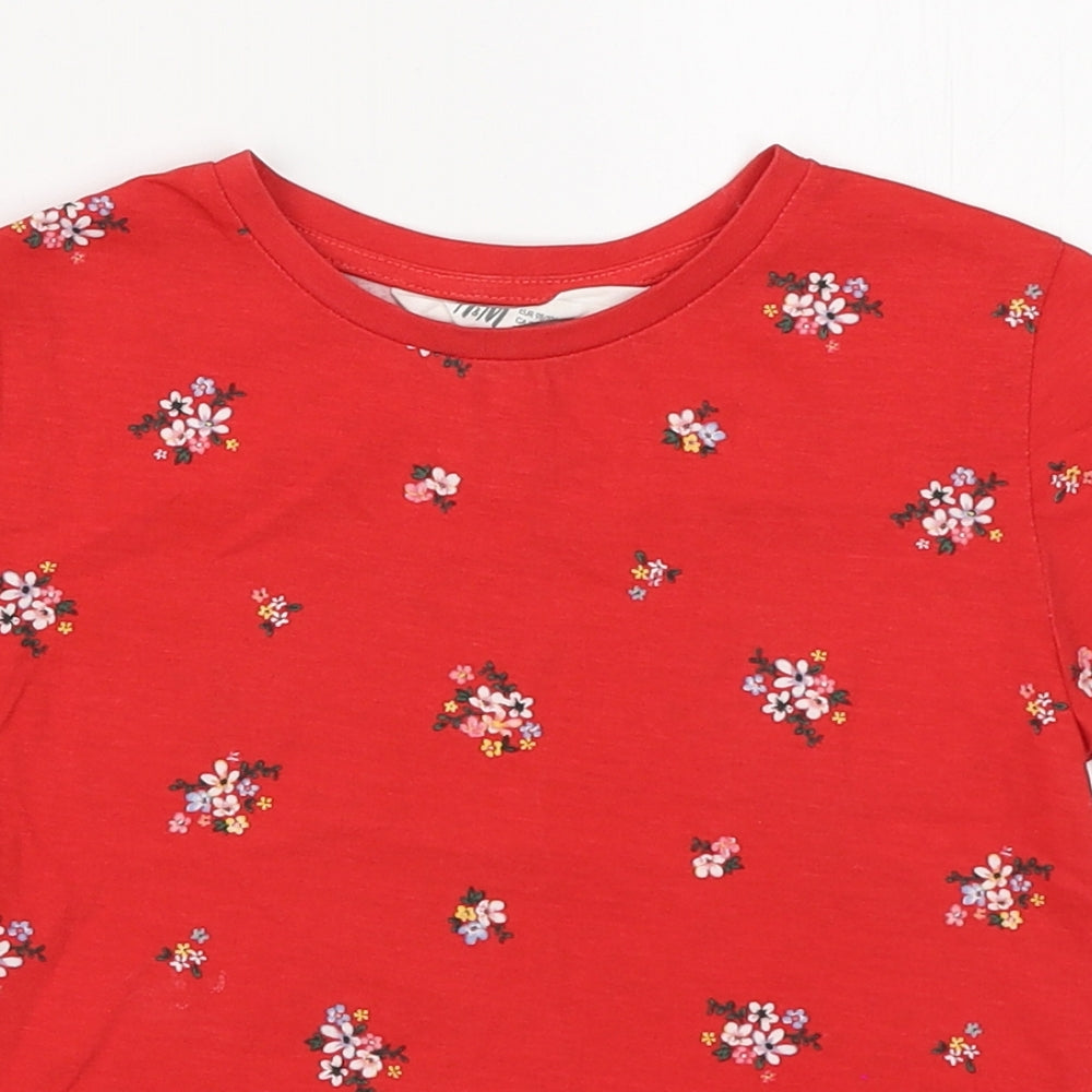 H&M Girls Red Floral Cotton Basic T-Shirt Size 2-3 Years Round Neck Pullover