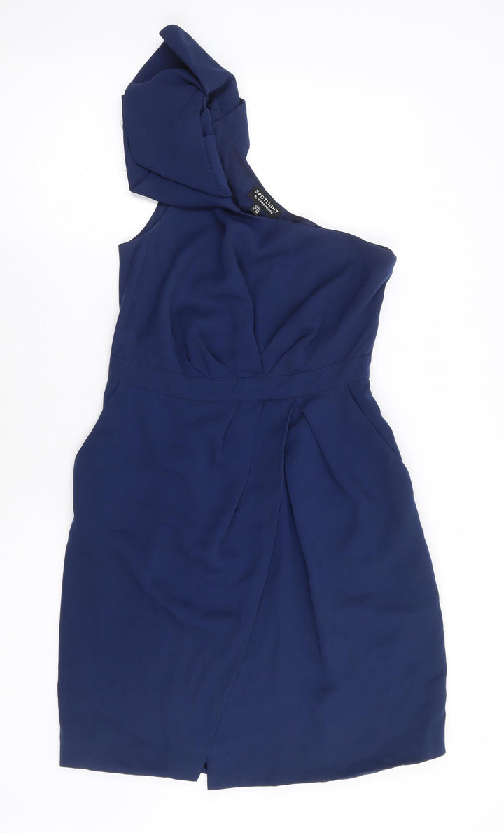 Warehouse Womens Blue Polyester A-Line Size 10 One Shoulder Zip