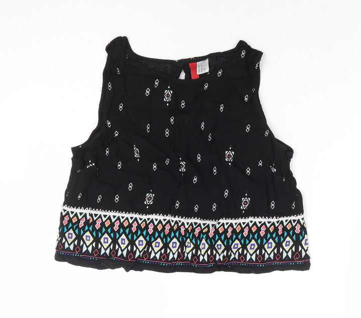 H&M Womens Black Geometric Viscose Cropped Blouse Size 12 Round Neck