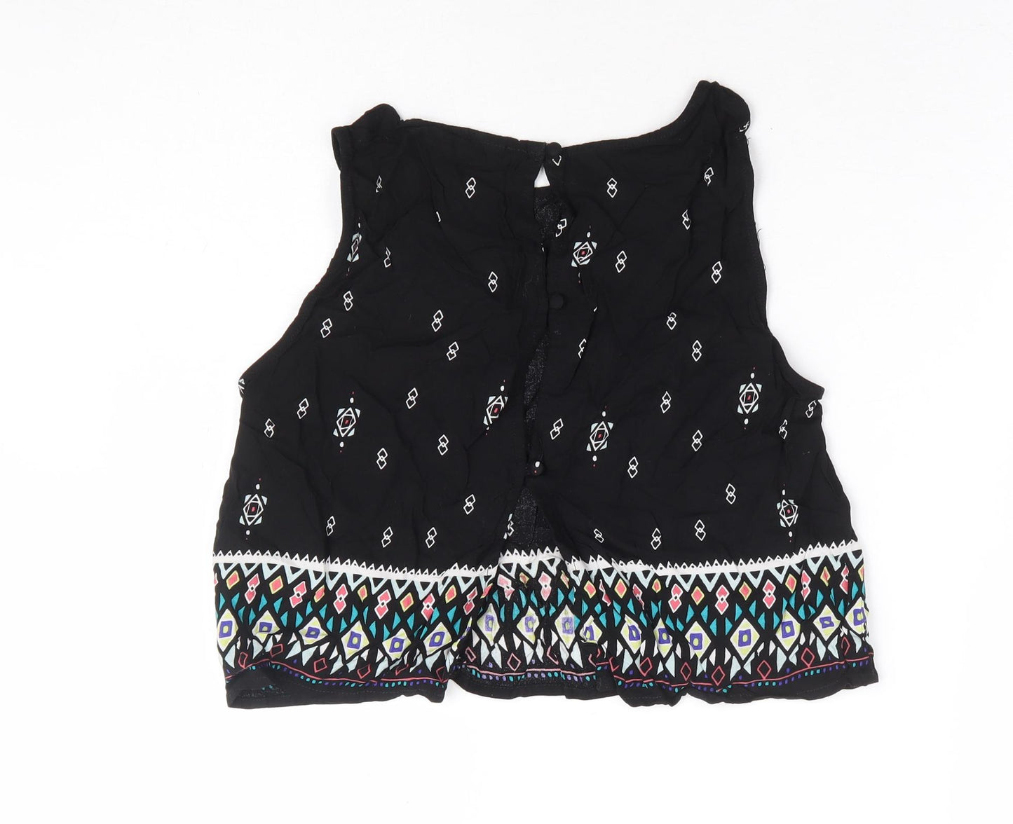 H&M Womens Black Geometric Viscose Cropped Blouse Size 12 Round Neck