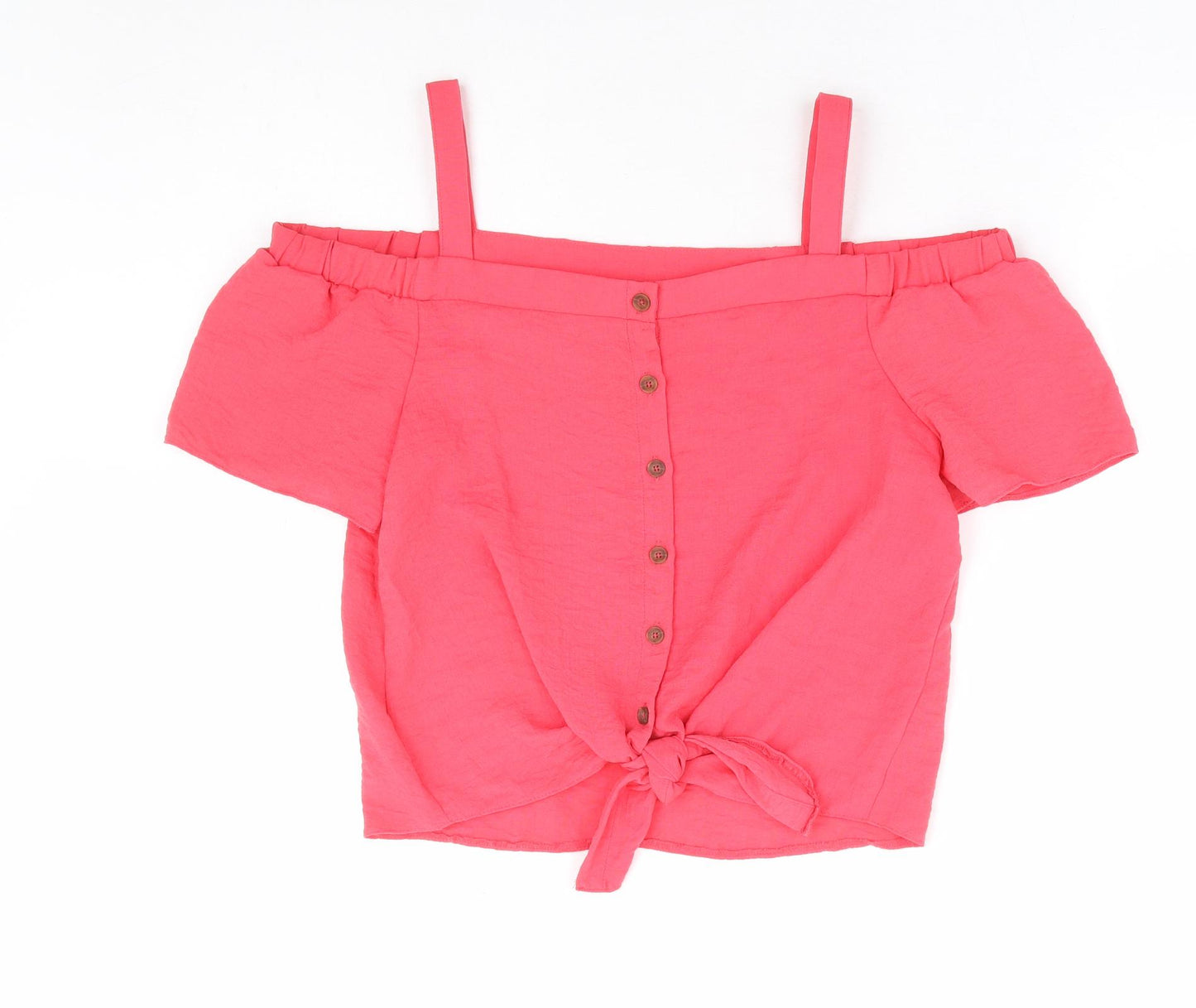 Primark Girls Pink Polyester Basic Blouse Size 13-14 Years Square Neck Button - Cold Shoulder Tie Front