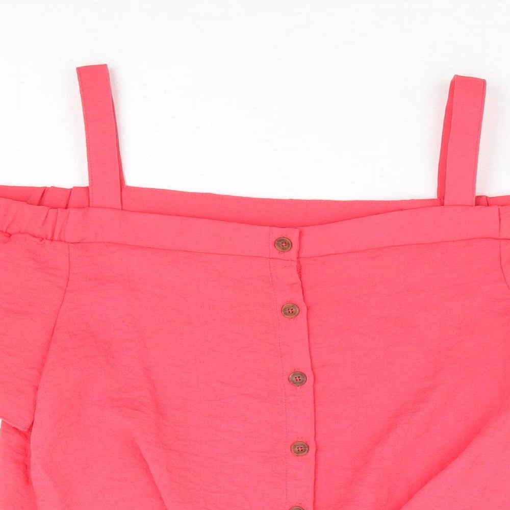 Primark Girls Pink Polyester Basic Blouse Size 13-14 Years Square Neck Button - Cold Shoulder Tie Front