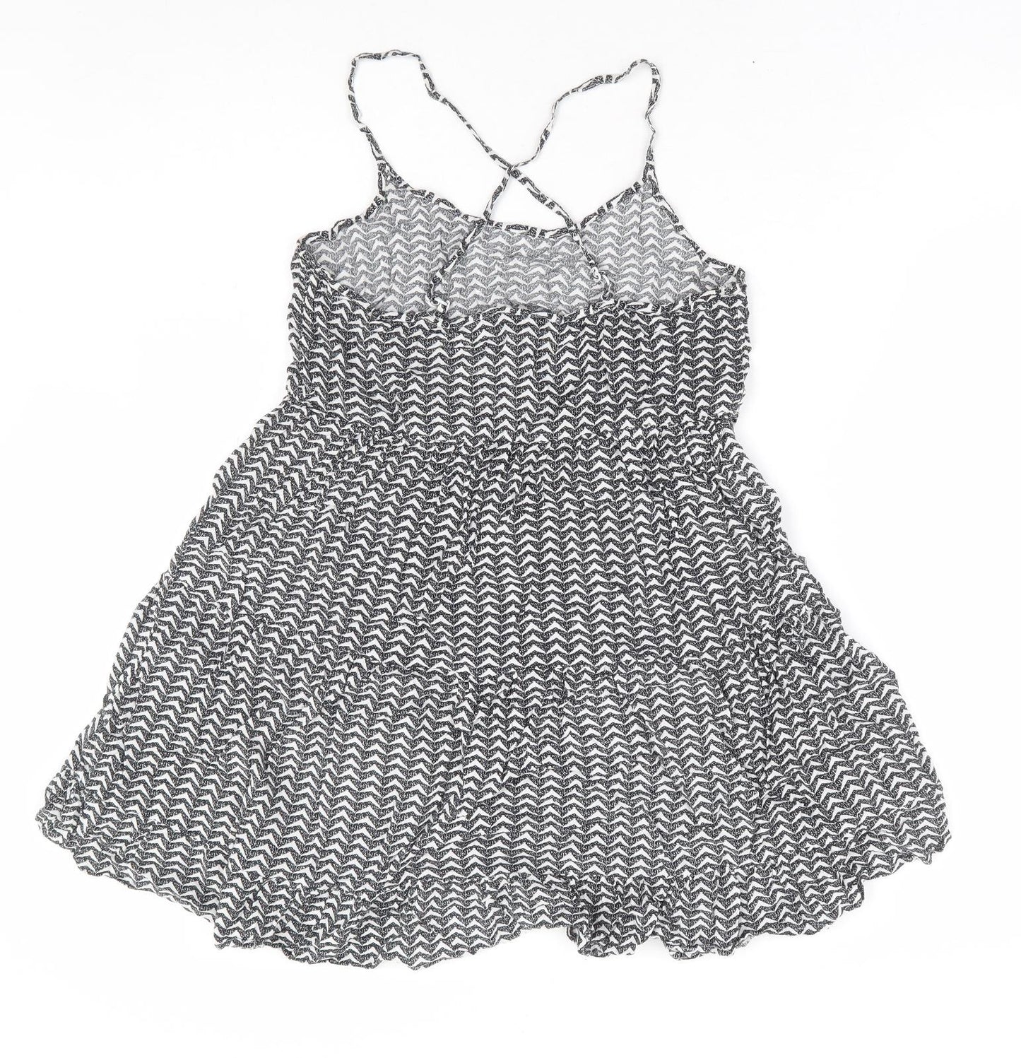 NEXT Womens Black Geometric Viscose Fit & Flare Size 10 V-Neck Pullover - Tiered Cross Back