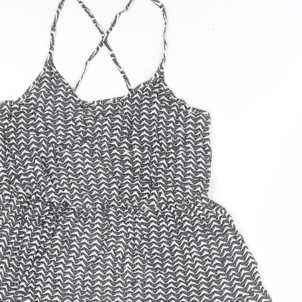 NEXT Womens Black Geometric Viscose Fit & Flare Size 10 V-Neck Pullover - Tiered Cross Back