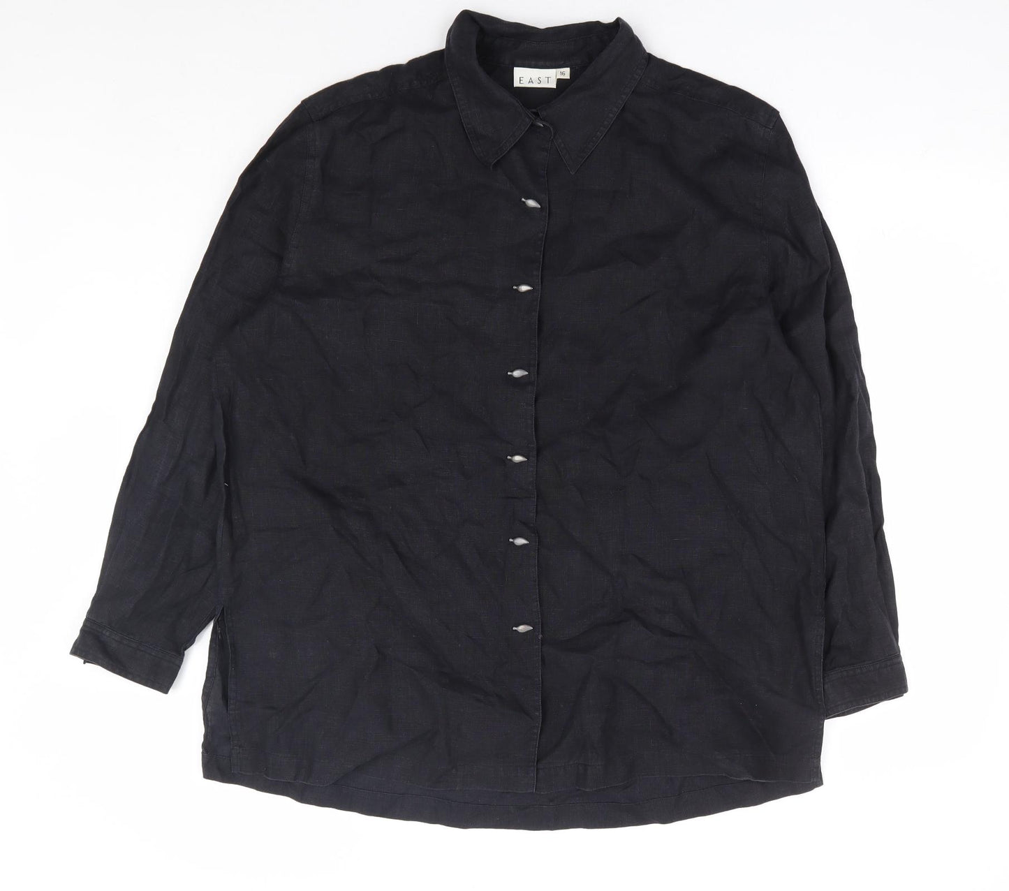 EAST Womens Black Linen Basic Button-Up Size 16 Collared