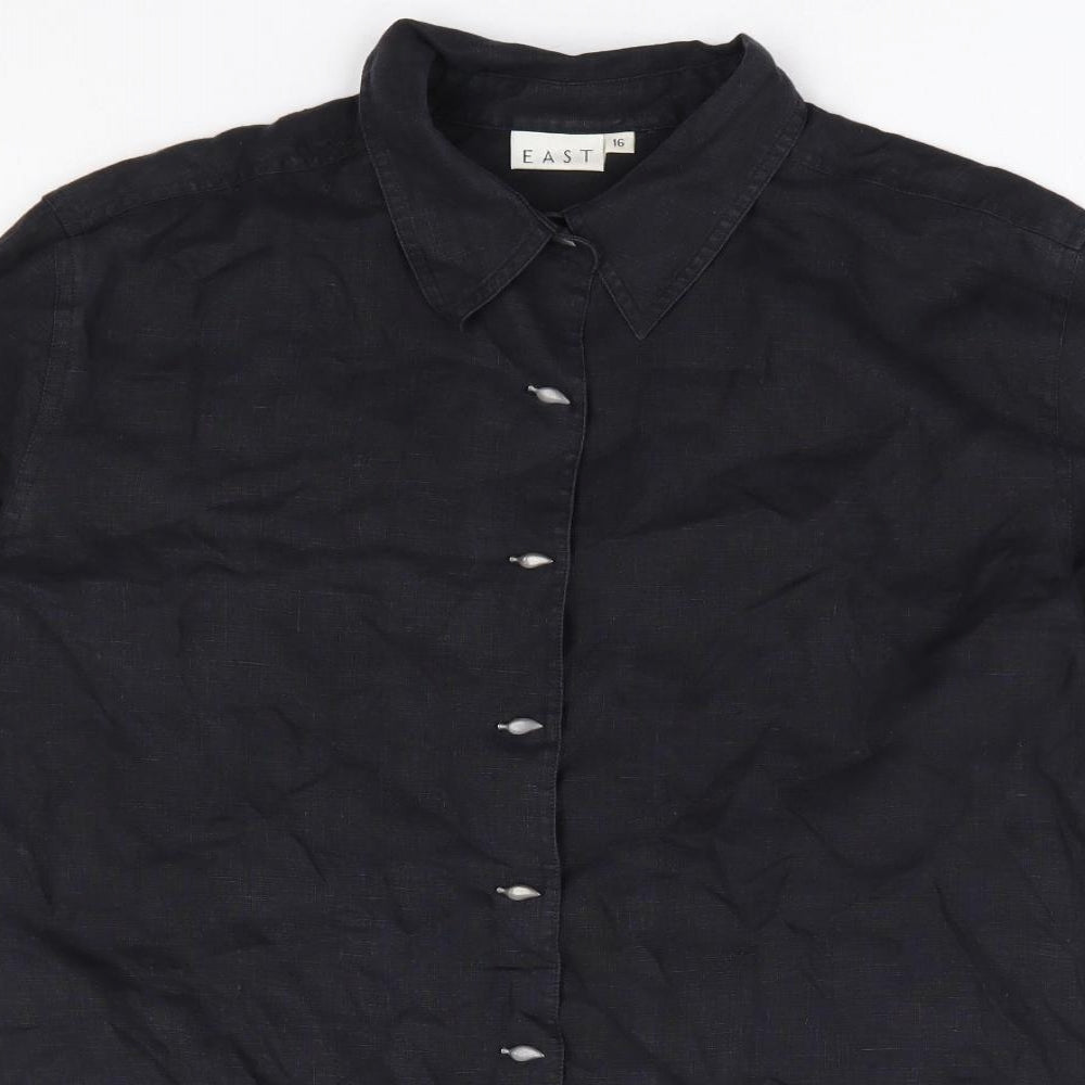 EAST Womens Black Linen Basic Button-Up Size 16 Collared
