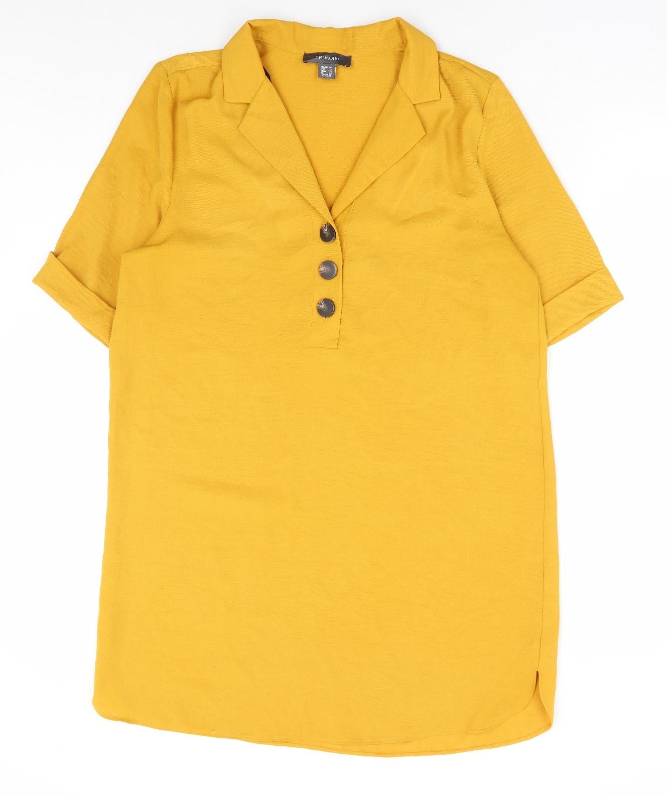 Primark Womens Yellow Polyester Shirt Dress Size 14 Collared Button