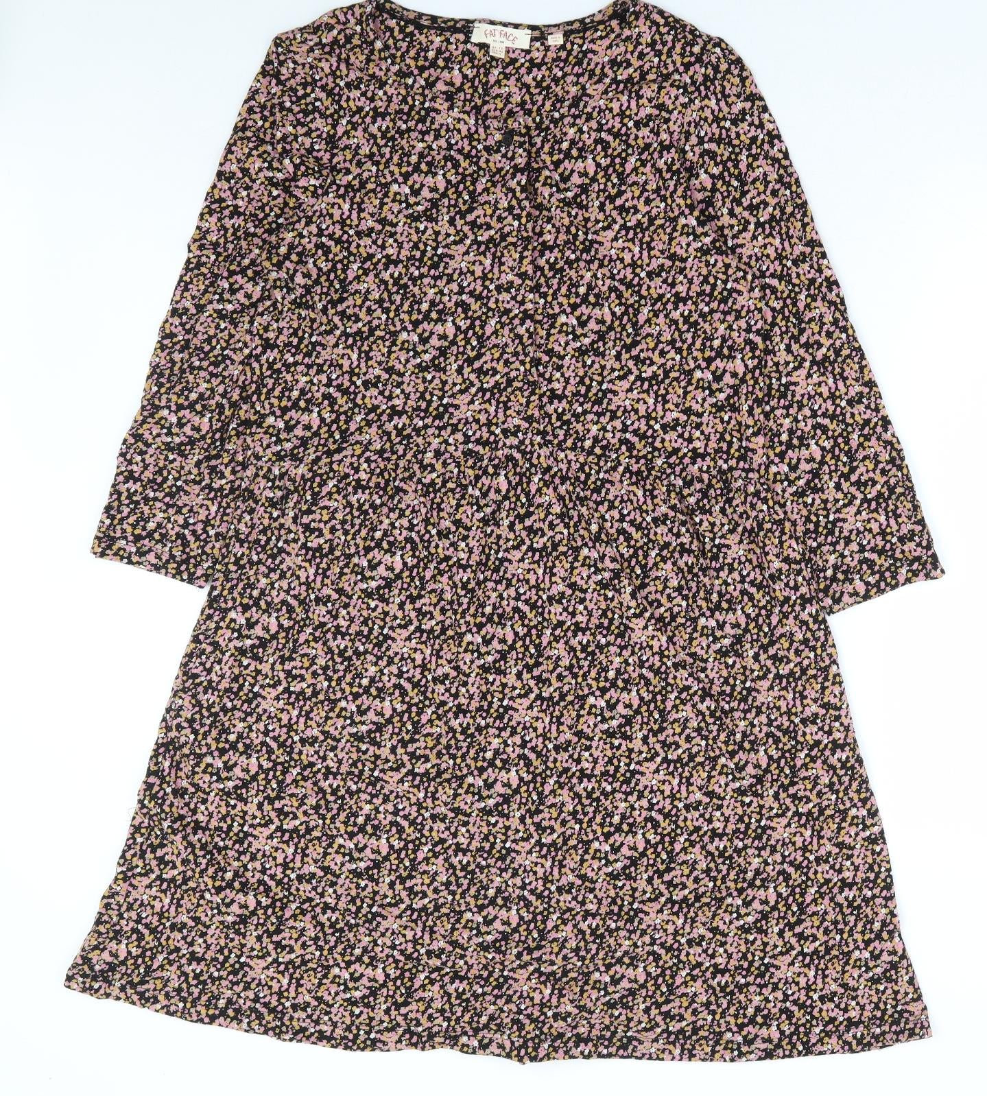 Fat Face Womens Black Floral Cotton Fit & Flare Size 12 Round Neck Button