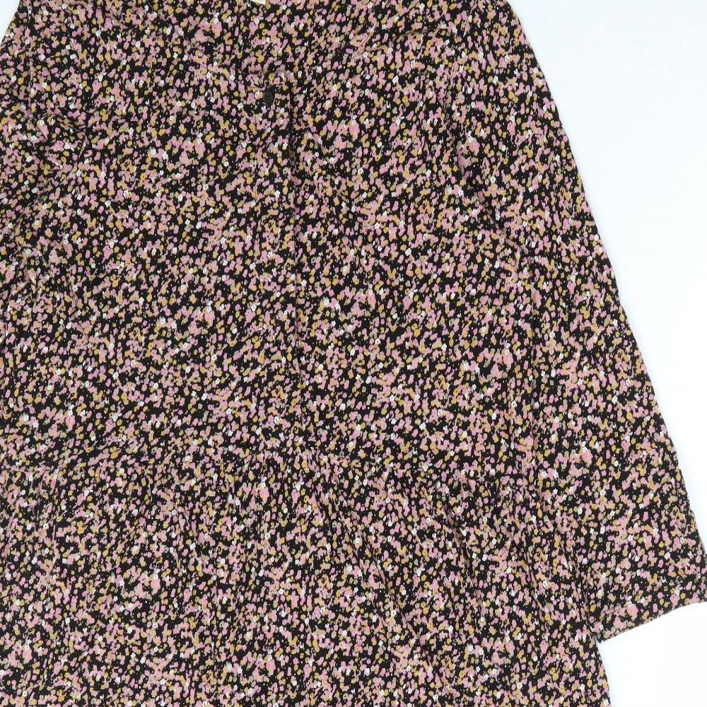 Fat Face Womens Black Floral Cotton Fit & Flare Size 12 Round Neck Button