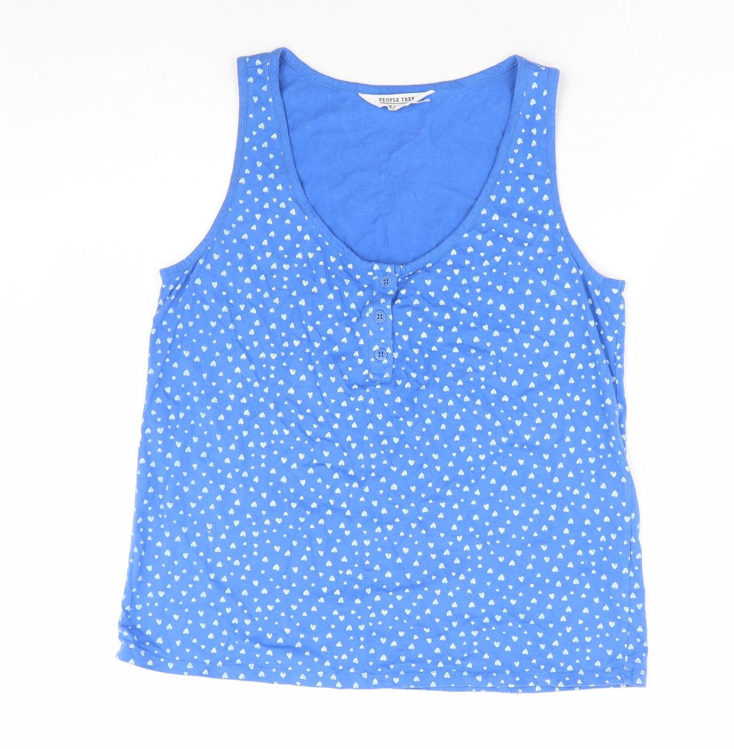 People Tree Womens Blue Geometric 100% Cotton Basic Tank Size 14 Scoop Neck - Love Heart Print
