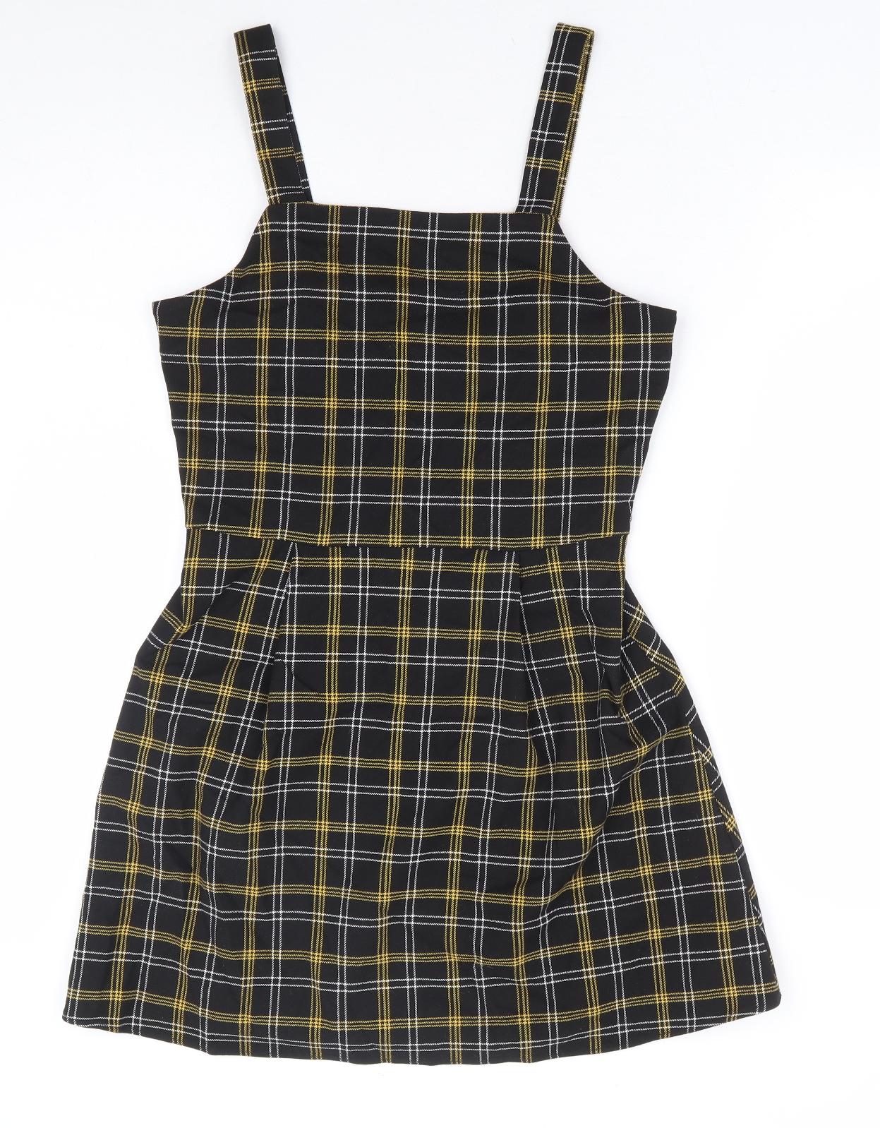 F&F Girls Yellow Plaid Polyester Pinafore/Dungaree Dress Size 13-14 Years Square Neck Zip