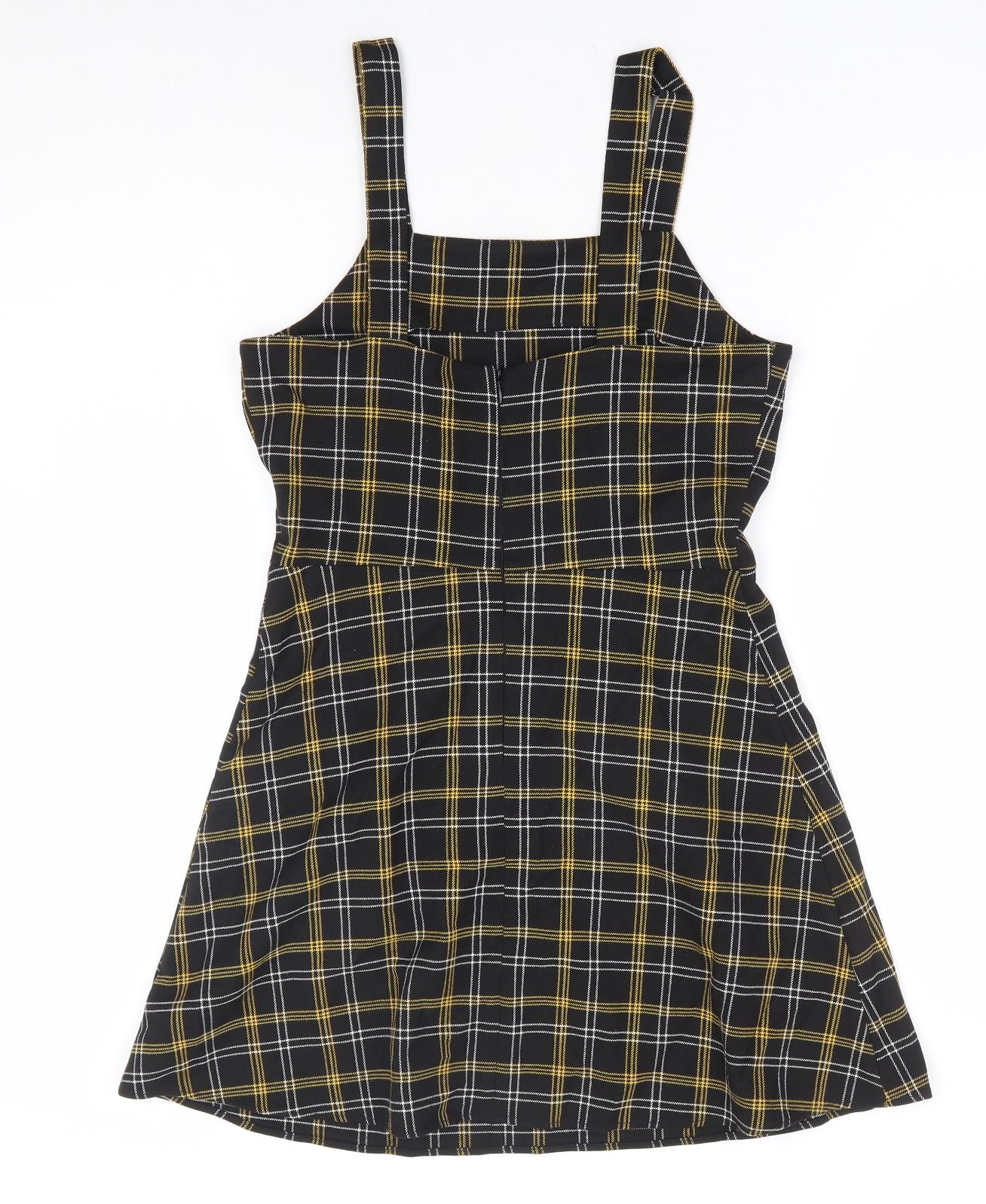 F&F Girls Yellow Plaid Polyester Pinafore/Dungaree Dress Size 13-14 Years Square Neck Zip