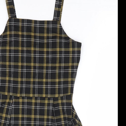 F&F Girls Yellow Plaid Polyester Pinafore/Dungaree Dress Size 13-14 Years Square Neck Zip
