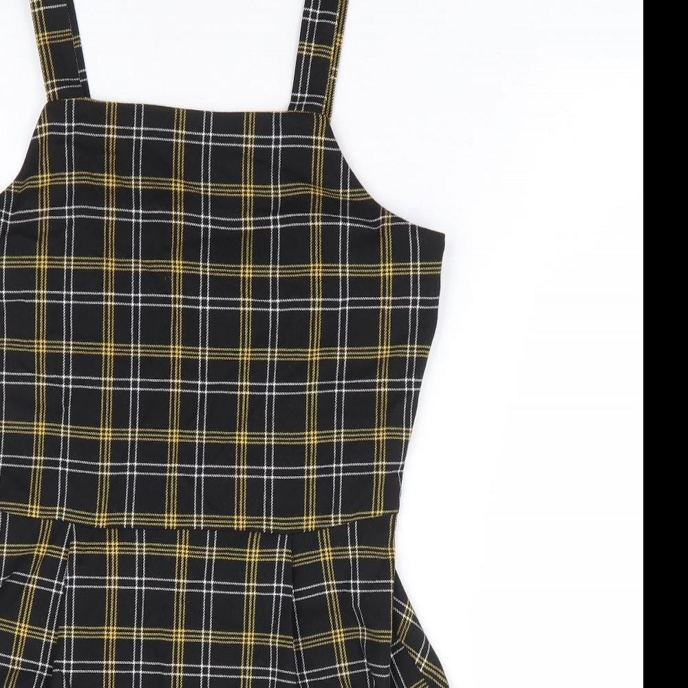 F&F Girls Yellow Plaid Polyester Pinafore/Dungaree Dress Size 13-14 Years Square Neck Zip