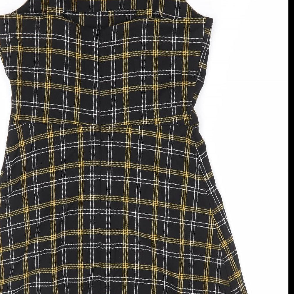 F&F Girls Yellow Plaid Polyester Pinafore/Dungaree Dress Size 13-14 Years Square Neck Zip