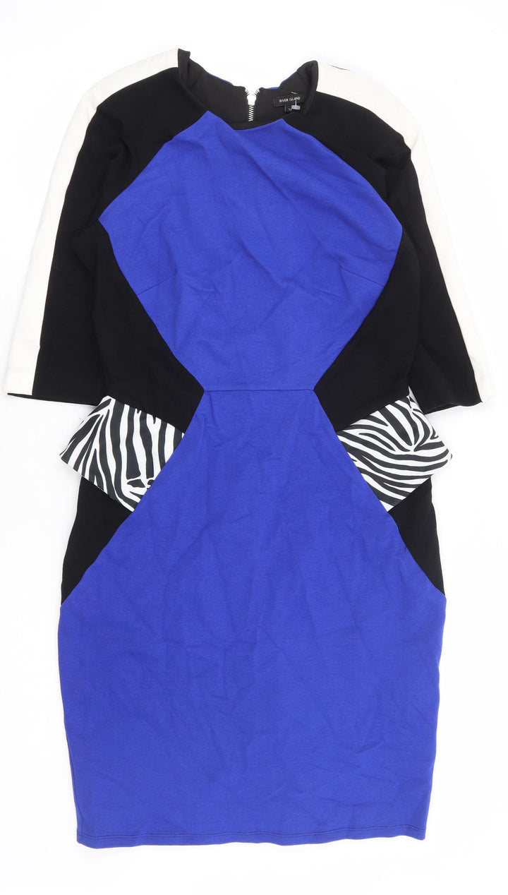 River Island Womens Blue Viscose A-Line Size 14 Round Neck Zip - Colourblock