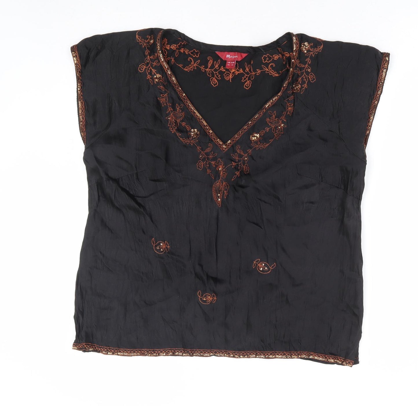 Monsoon Womens Black Silk Basic Blouse Size 14 V-Neck