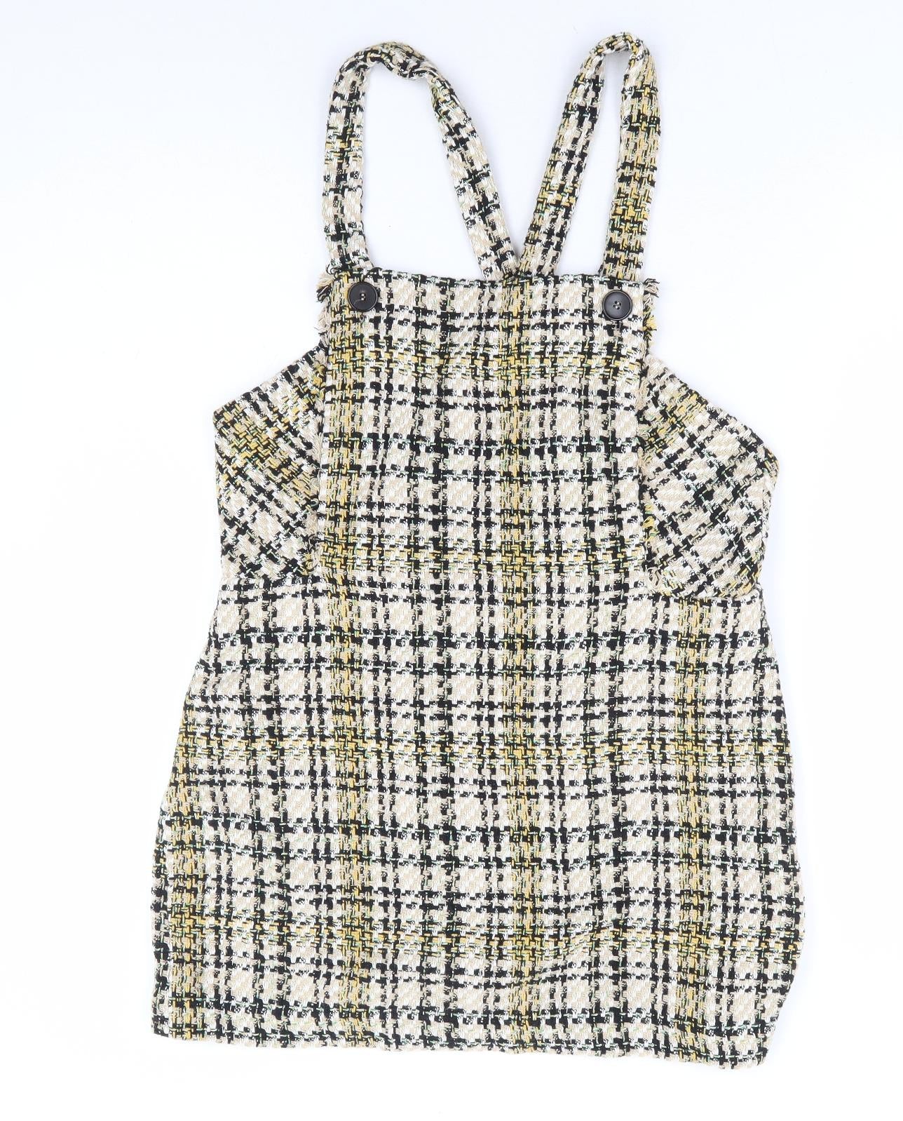 Zara Womens Beige Plaid Cotton Pinafore/Dungaree Dress Size L Square Neck Zip