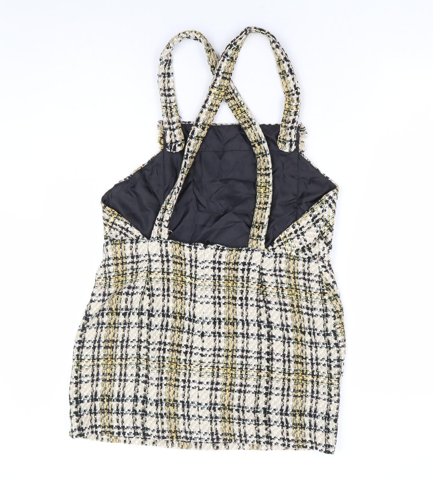 Zara Womens Beige Plaid Cotton Pinafore/Dungaree Dress Size L Square Neck Zip