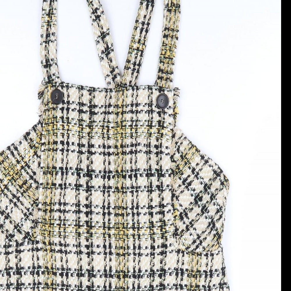 Zara Womens Beige Plaid Cotton Pinafore/Dungaree Dress Size L Square Neck Zip