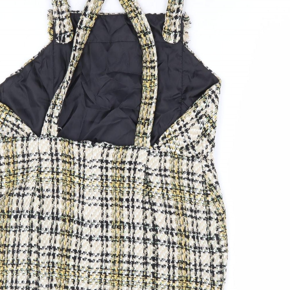 Zara Womens Beige Plaid Cotton Pinafore/Dungaree Dress Size L Square Neck Zip