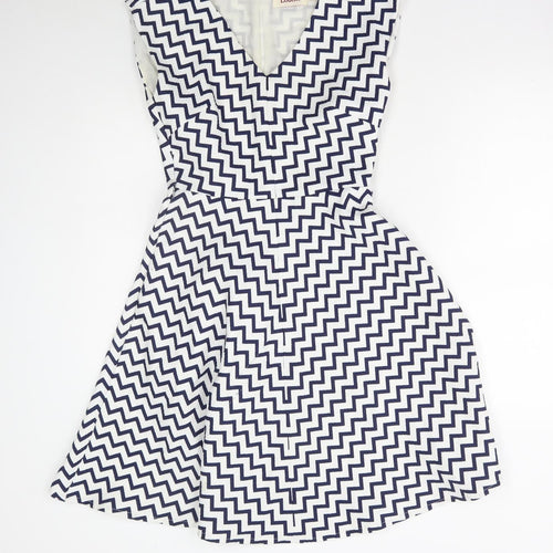 Louche Womens Blue Geometric Polyester A-Line Size 8 Round Neck Zip