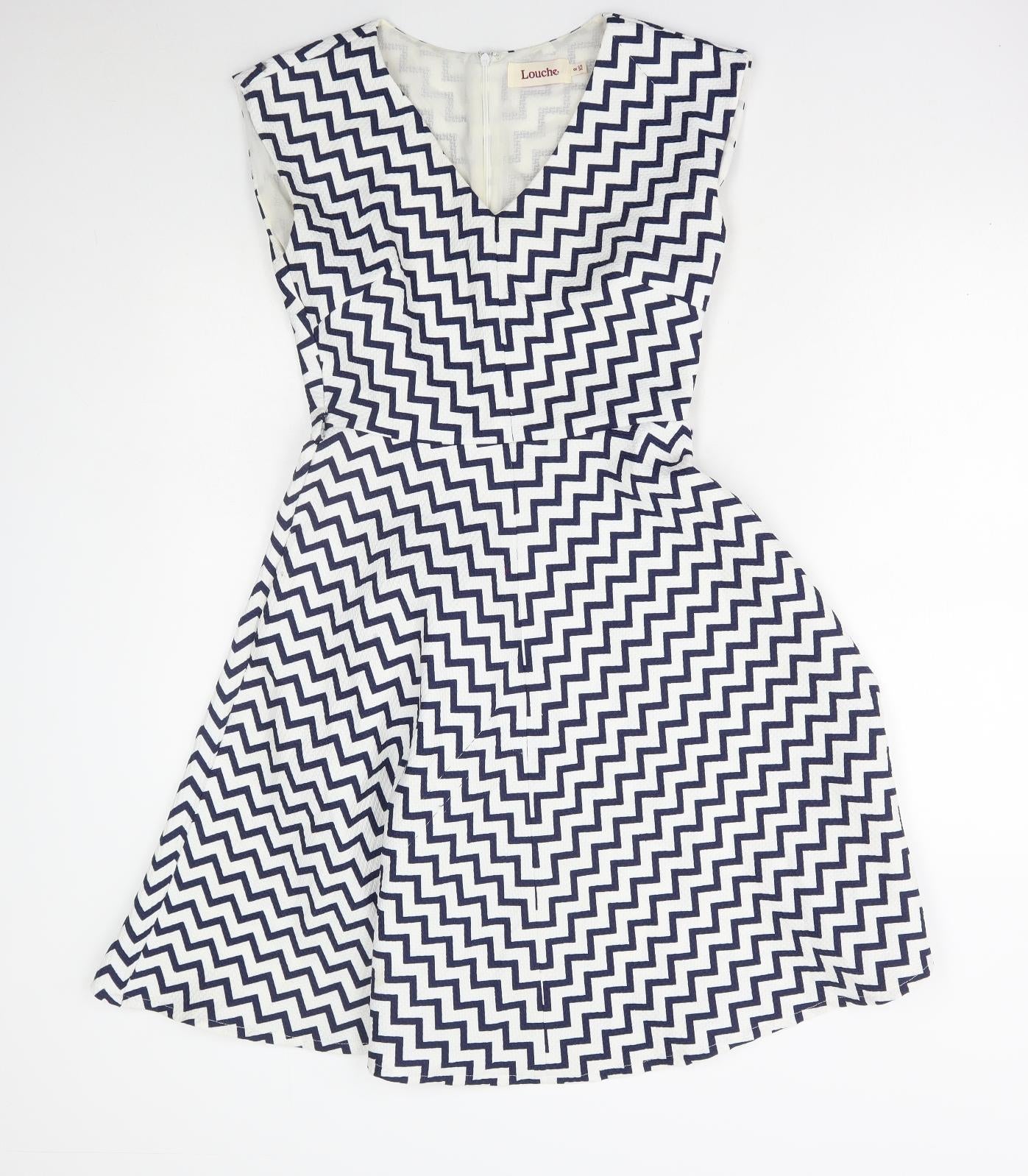 Louche Womens Blue Geometric Polyester A-Line Size 8 Round Neck Zip