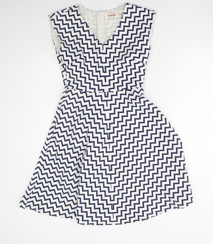 Louche Womens Blue Geometric Polyester A-Line Size 8 Round Neck Zip
