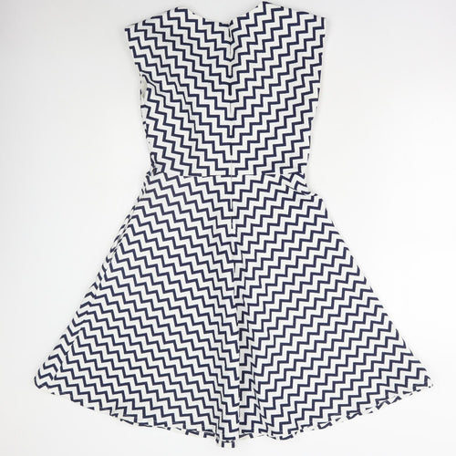 Louche Womens Blue Geometric Polyester A-Line Size 8 Round Neck Zip