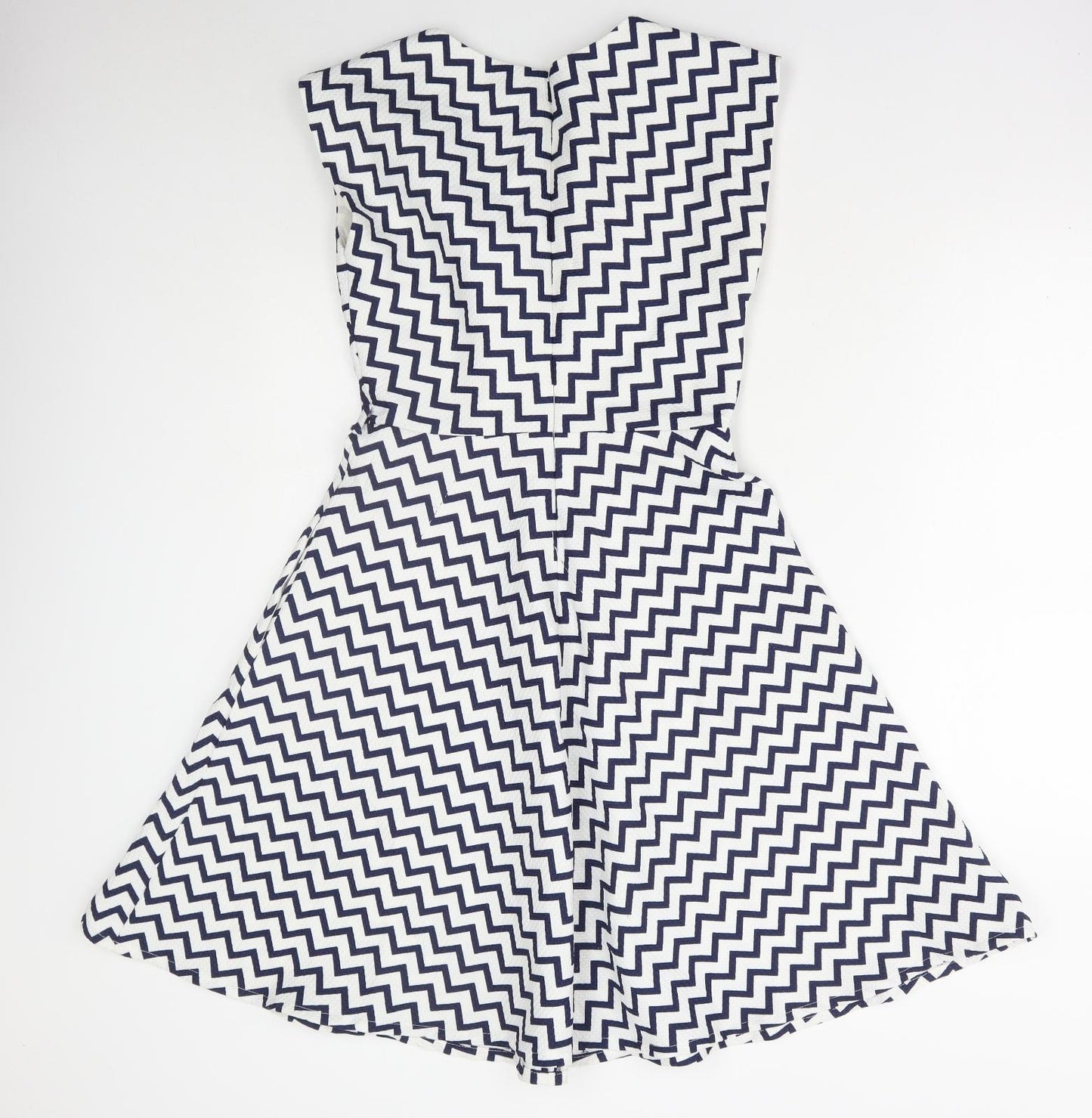 Louche Womens Blue Geometric Polyester A-Line Size 8 Round Neck Zip