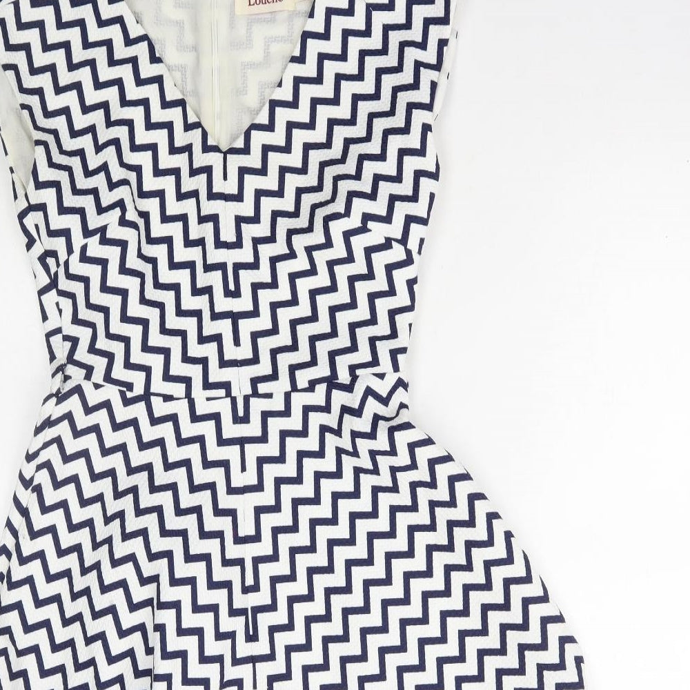 Louche Womens Blue Geometric Polyester A-Line Size 8 Round Neck Zip