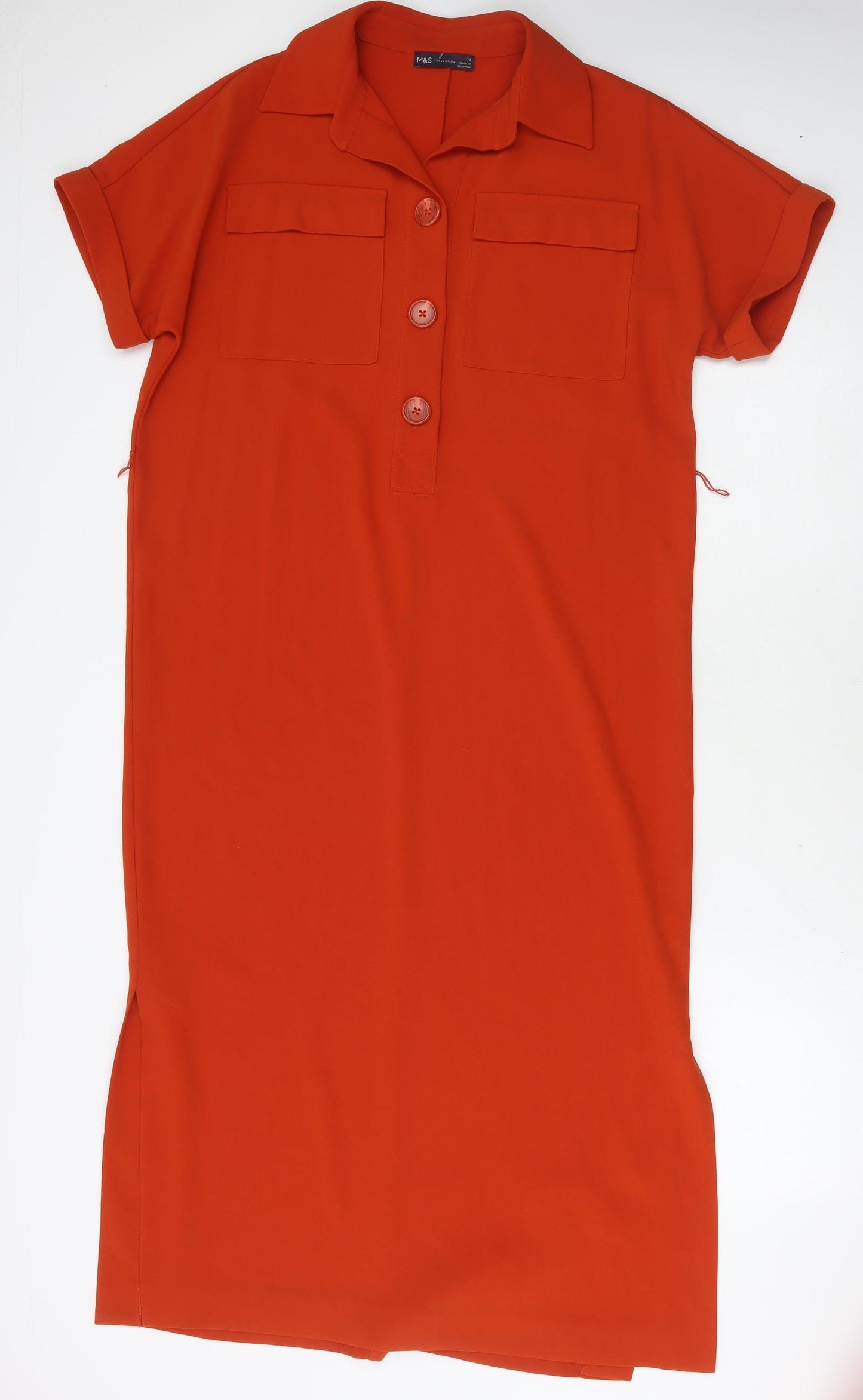 Marks and Spencer Womens Orange Polyester Shirt Dress Size 12 Collared Button