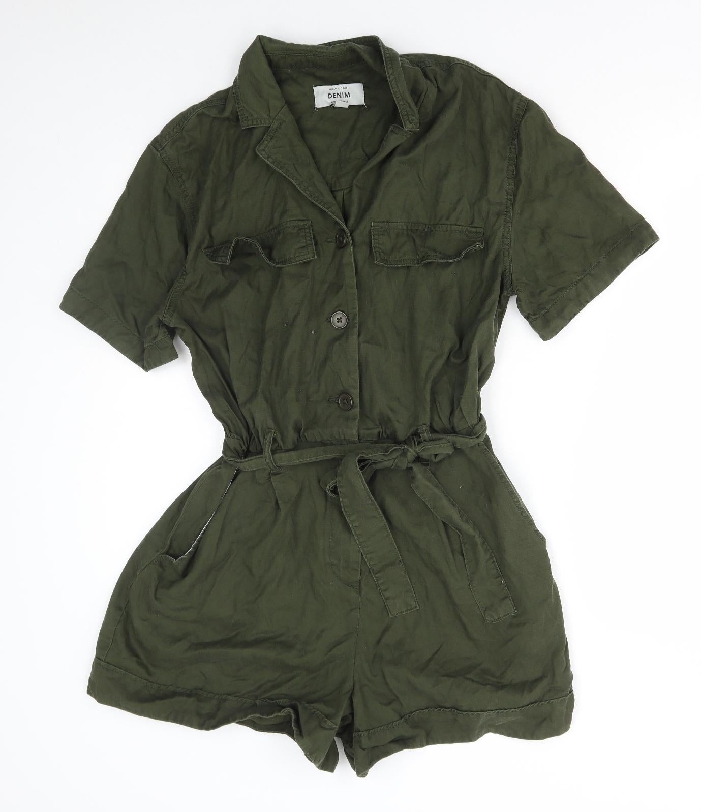 New Look Womens Green Cotton Playsuit One-Piece Size 12 Button