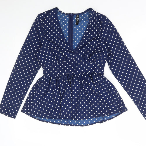 Influence Womens Blue Polka Dot Polyester Basic Blouse Size 8 V-Neck