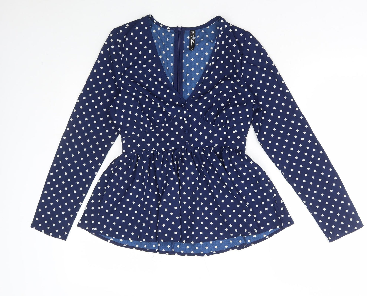Influence Womens Blue Polka Dot Polyester Basic Blouse Size 8 V-Neck