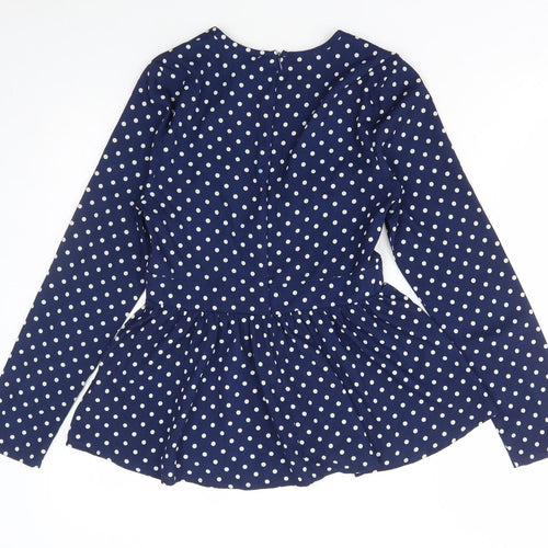 Influence Womens Blue Polka Dot Polyester Basic Blouse Size 8 V-Neck