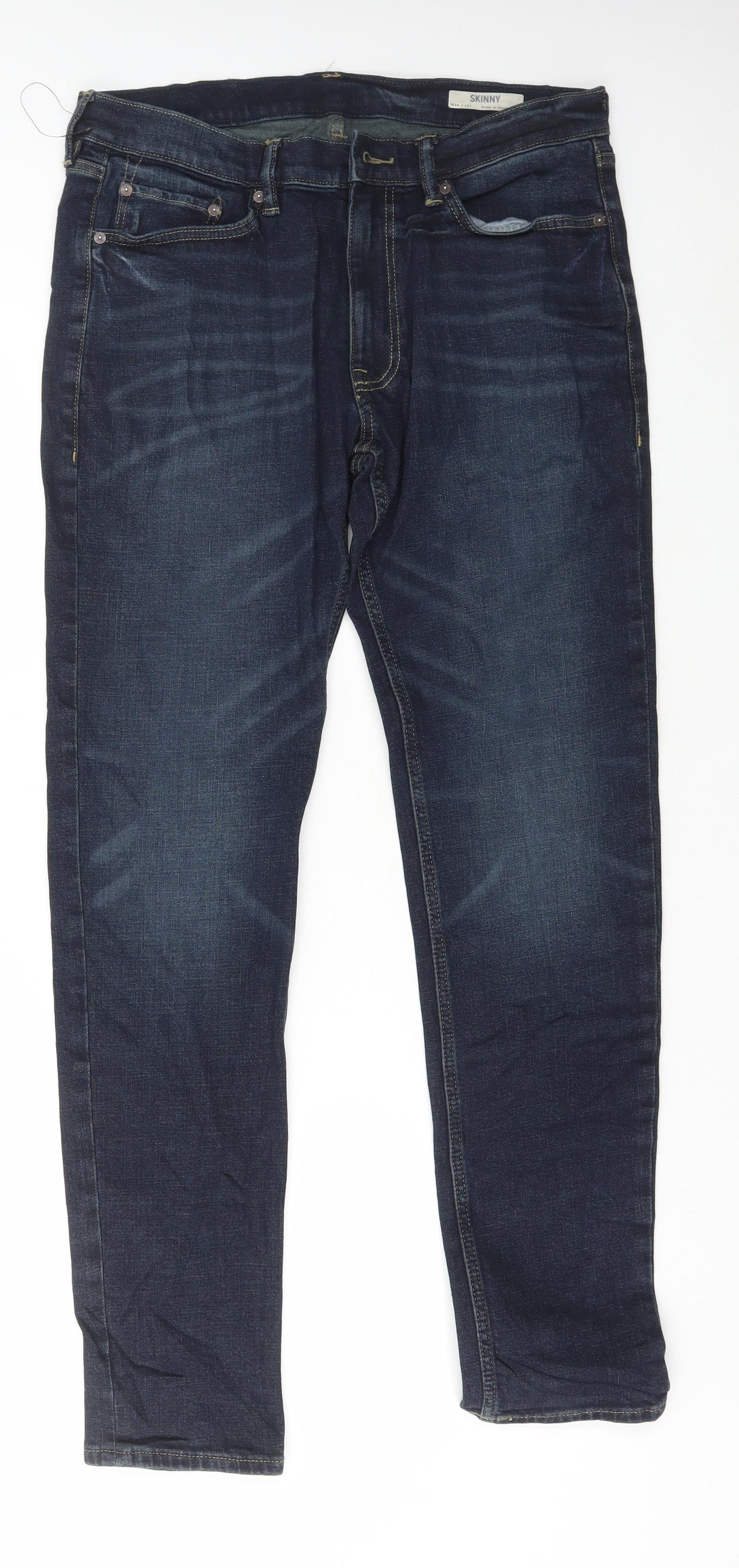 Marks and Spencer Mens Blue Cotton Skinny Jeans Size 34 in L31 in Regular Button