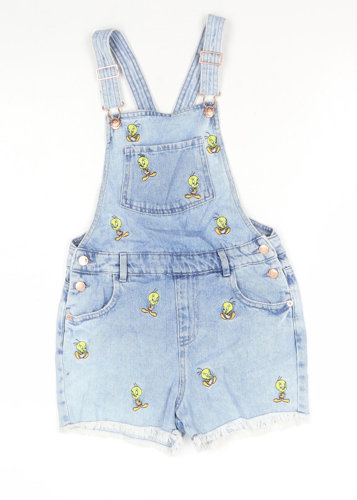 Marks and Spencer Girls Blue Geometric Cotton Dungaree One-Piece Size 10-11 Years Buckle - Tweety