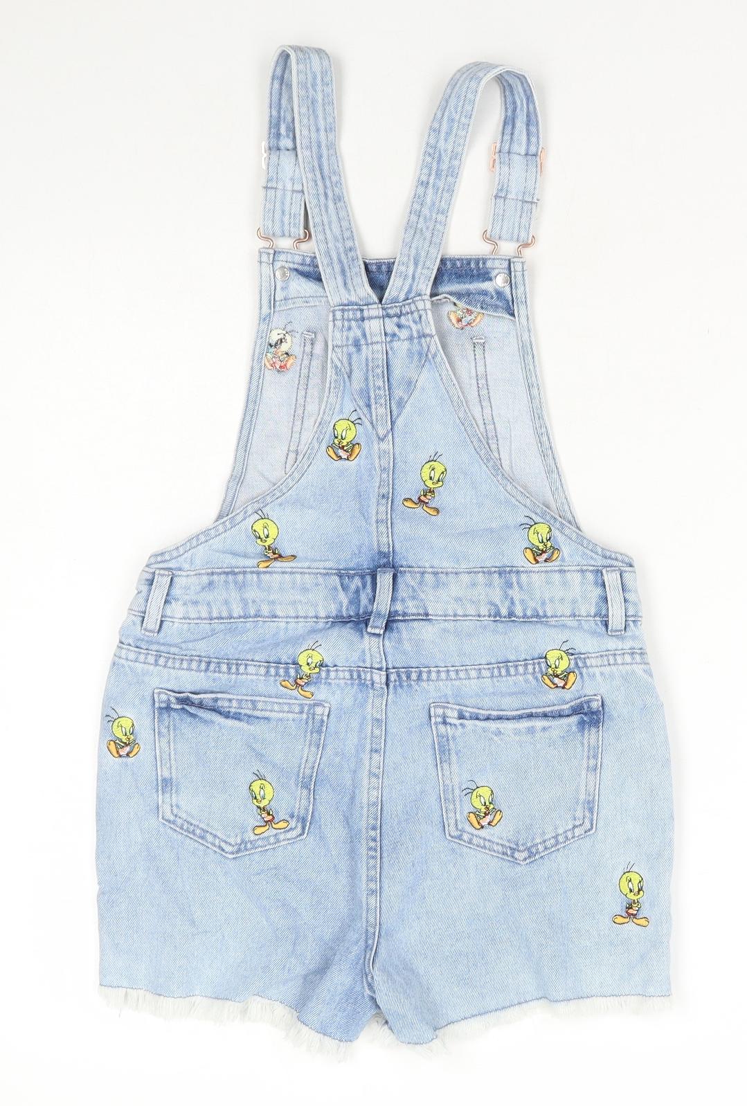 Marks and Spencer Girls Blue Geometric Cotton Dungaree One-Piece Size 10-11 Years Buckle - Tweety